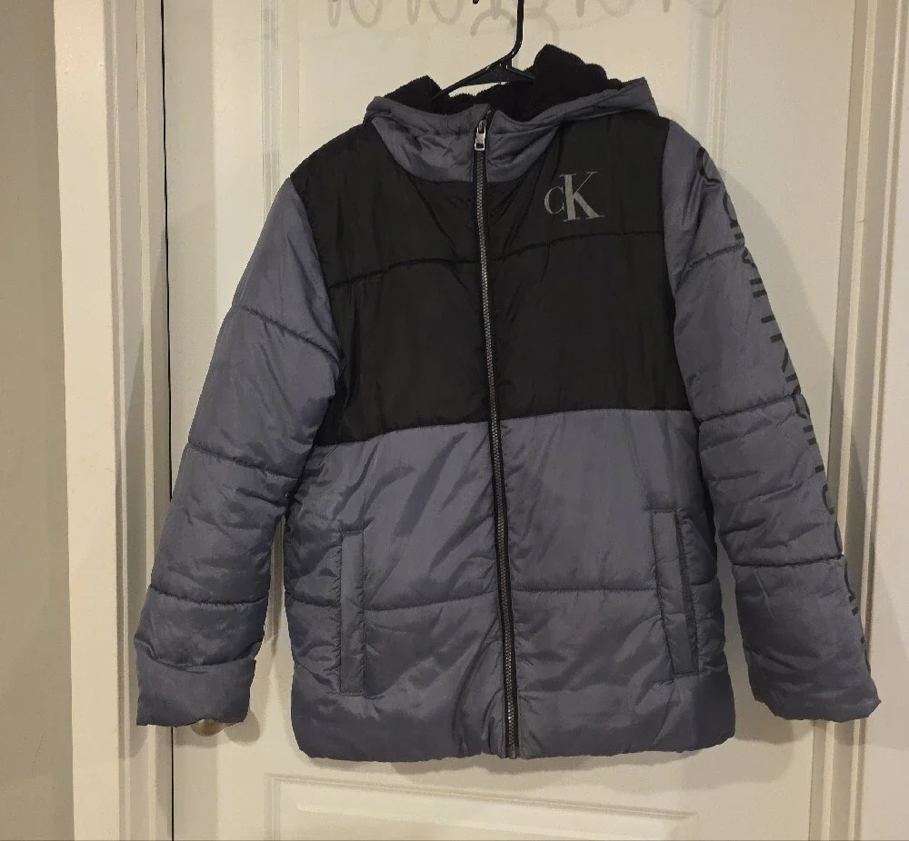 Calvin Klein Kids Hooded Two-Tone Puffer Jacket - Black & Gray